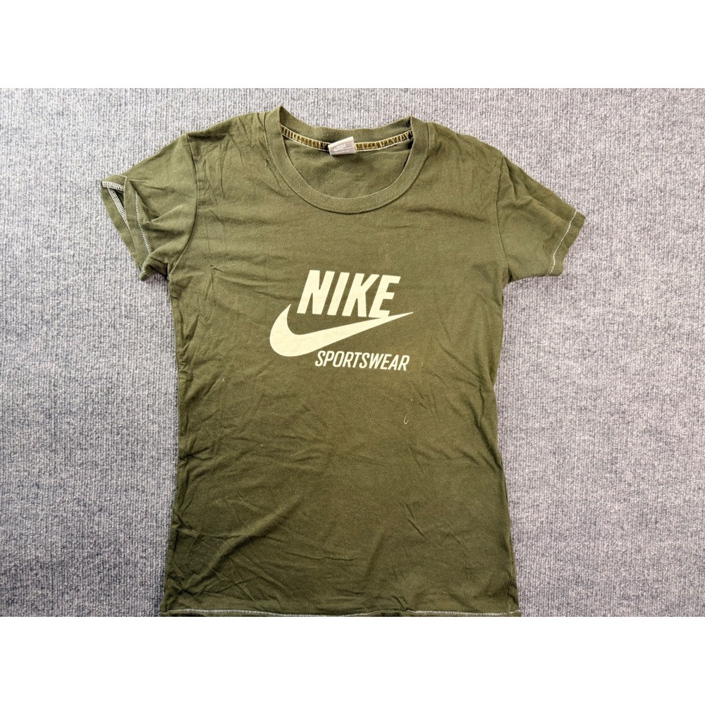 Nike Sportswear Girls Large Olive Green Graphic Tee Shirt Swoosh Logo Y2K Style